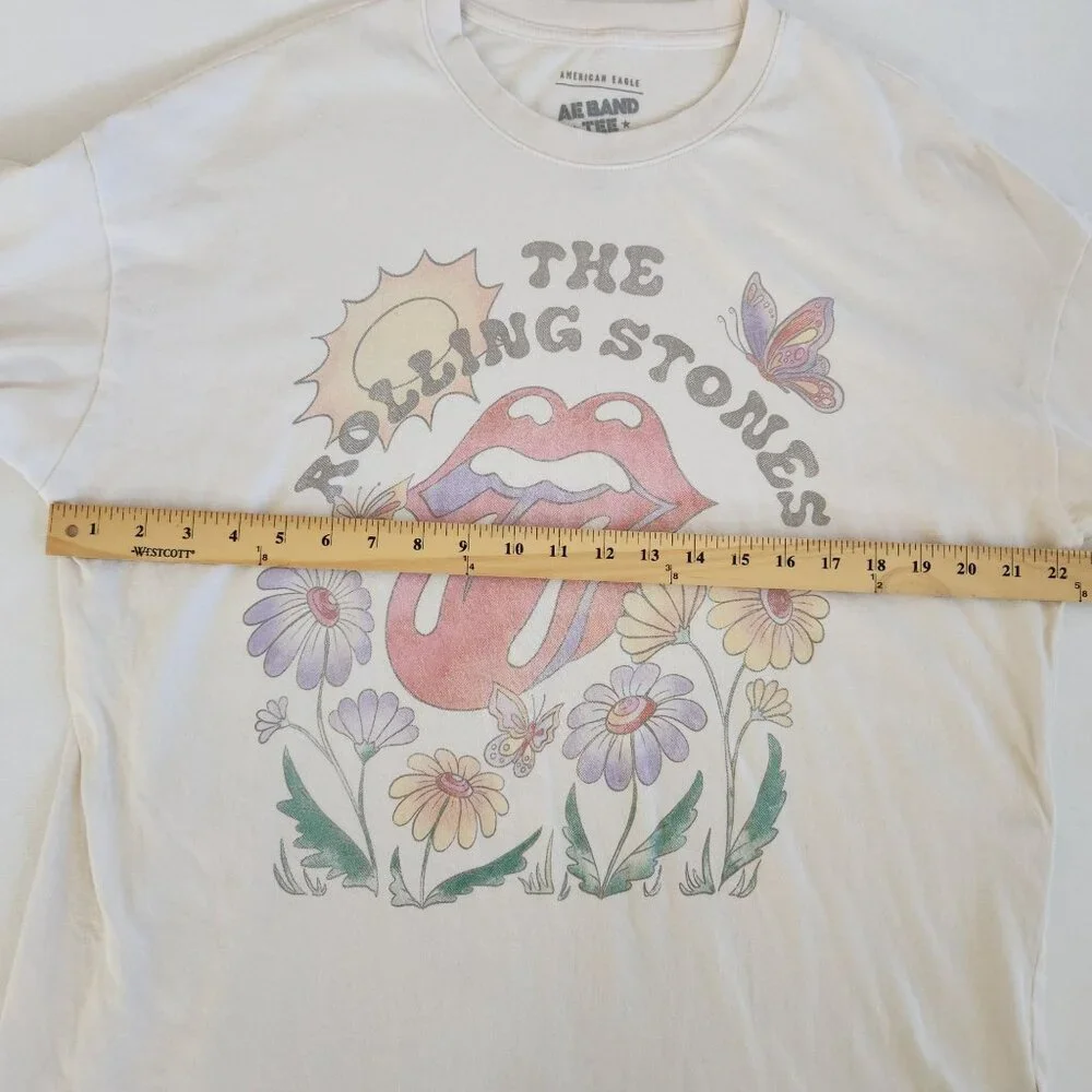 AE Band Tee American Eagle Rolling Stones Graphic Cream Floral Retro Casual Boho - Picture 7 of 8
